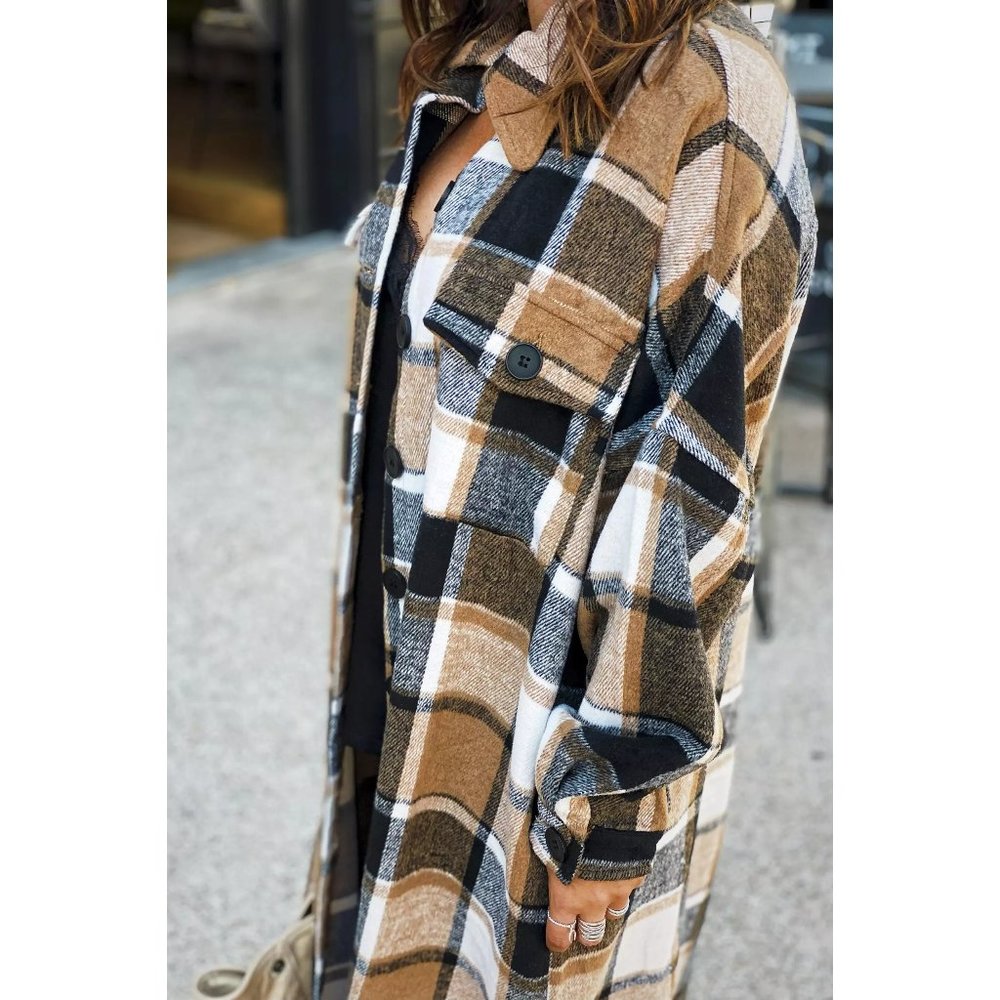 🎆 PLAID FLANNEL SHACKET JACKET MAXI LENGTH  - BROWN 🎆